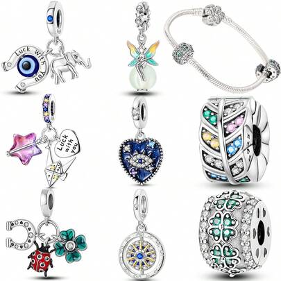 1 Pc Fashion Four Leaf Clover Sparkling Beads Dangle Charm Silver Plated Fit Bracelet Necklace DIY Holiday Gift