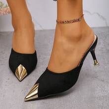 女士尖头穆勒拖鞋，中跟，低鞋面，无后跟，优雅法式金属头凉鞋，夏季必备 - 黑色 - 查看 5