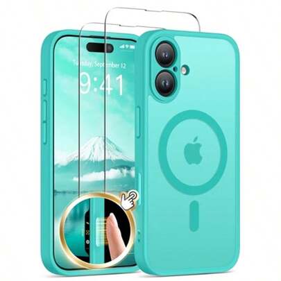 GolbinBox Magnetic For IPhone 16 Case With Camera Control Capture ButtonCompatible With MagSafe [Full Camera Protection][2X Screen Protectors] Matte Translucent Phone Cover For 16 6.1" Dark Teal