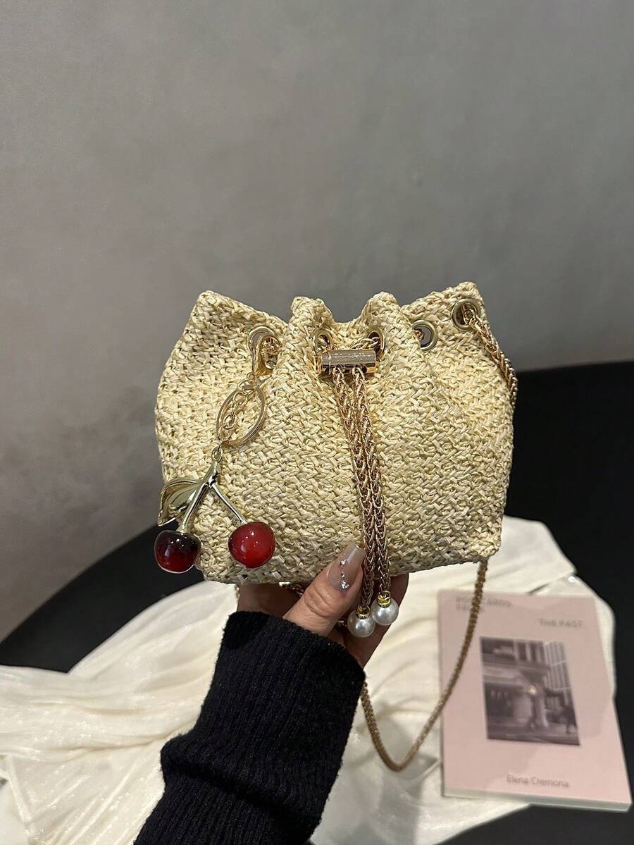 Túi xô mini thời trang mới bằng rơm đan, dây rút bằng xích vàng, túi đi biển.