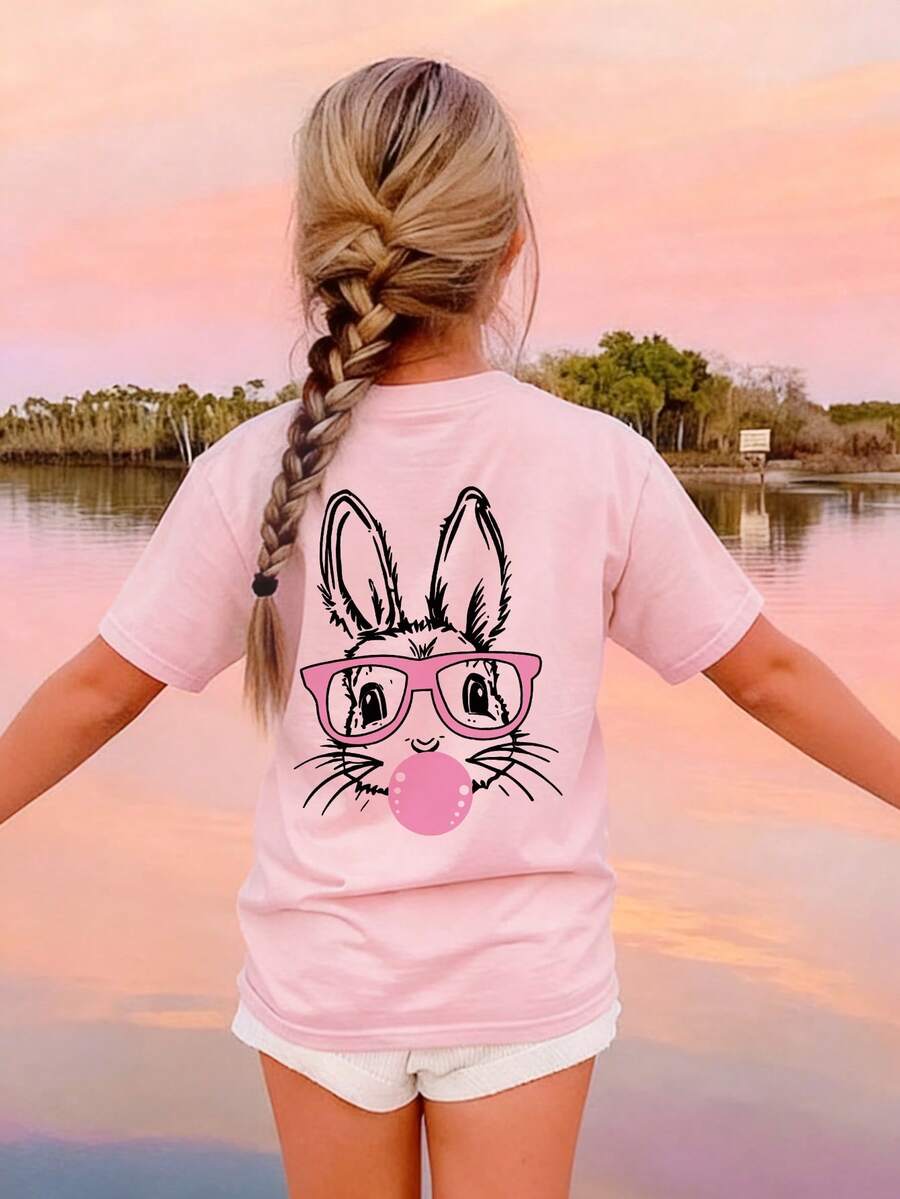 1 pièce T-shirt à manches courtes pour préadolescentes avec imprimé lapin soufflant des bulles. Nouveau Top d'été doux et décontracté, à col rond, style dessin animé à la mode Ins, confortable et respirant pour les sorties quotidiennes et les vacances