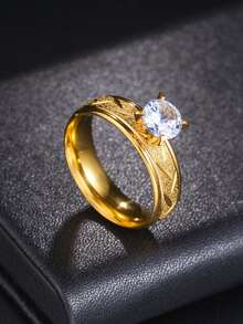 1pc Elegant Gold-Tone Rhinestone Textured Stainless Steel Ring, Suitable For Wedding & Daily Wear - Gold - View 4