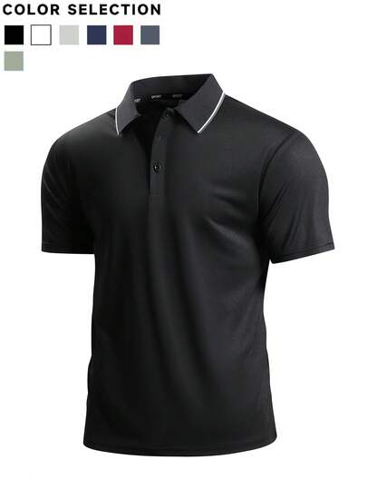 男士时尚拼接撞色条纹短袖 Polo 衫，针织纽扣，速干透气轻盈面料，适合户外活动、商务着装、高尔夫运动，夏季必备