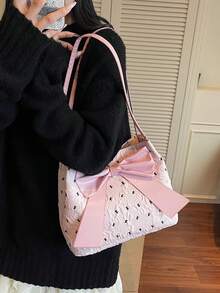 Tas Bahu Wanita Ringan Modis Kapasitas Besar dari Kulit PU Warna Polos dengan Hiasan Pita, Tas Tangan Wanita Elegan, Tas Warna Pink - Berwarna merah muda - View 2