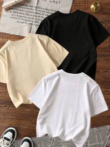 3pcs/Set Boys' Casual Printed Round Neck Short Sleeve T-Shirt, Summer Student Youth Clothing - The T-Shirt With Mountain And Sea Monster Print Brings Joy And Happiness To Every Child! ITALIAN BRAINROT - Apricot - View 3