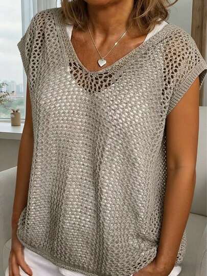 Lubi Women's Spring/Summer Hollow V-Neck Short Sleeve Loose Relaxed Knit Sweater, Breathable Knit Fabric Pullover Sweater, Casual Comfortable For Daily, Commute, Home, Afternoon Tea, Beach Vacation