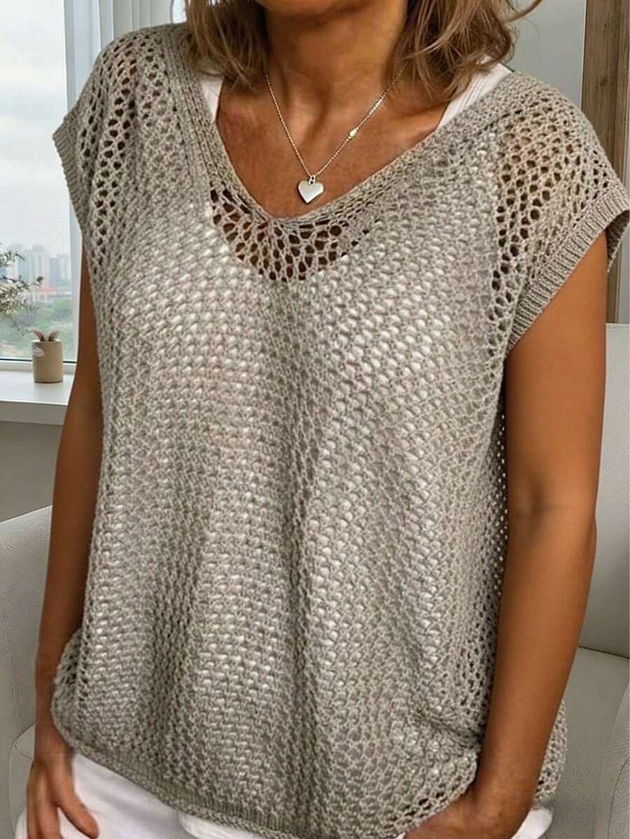 Lubi 女士春夏镂空V领短袖宽松针织衫，透气针织面料套头衫，休闲舒适，适合日常穿着、通勤、居家、下午茶、海滩度假等场合。 - 灰色 - 查看 1
