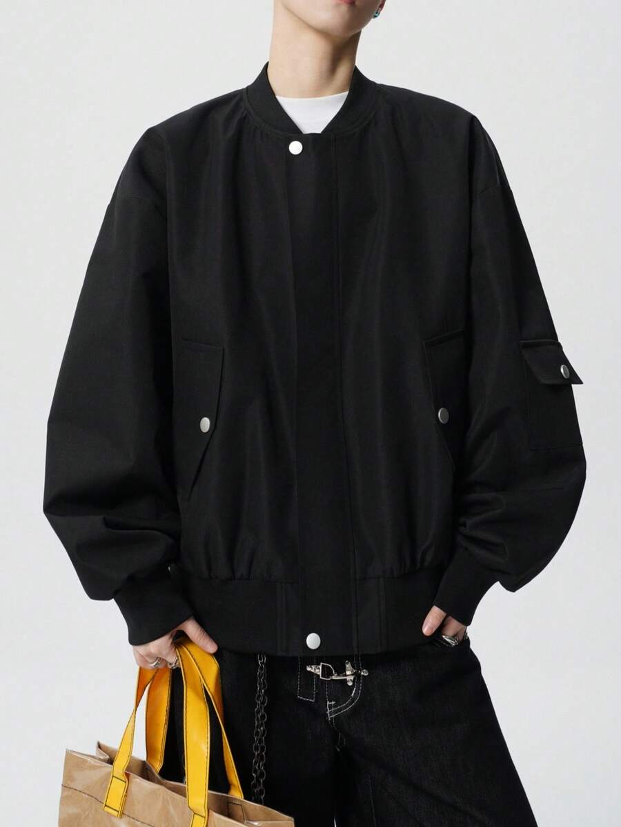 1pc Men's Black Loose Bomber Jacket, Multi-Pocket Technologic Style, Anti-Pilling And Anti-Snagging, Minimalist High-End Outerwear, Suitable For Daily Commute And Casual Business Wear - Black - View 1