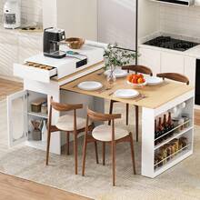 Kitchen Island On Wheels, Extendable Dining Table With Folding Top, Bar Table With Power Strips And Hooks, Serves As A Kitchen Island, Buffet Or Bar Table For The Kitchen And Dining Room (White) - White + MDF + Glass - View 2