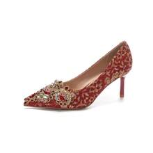 8777E-007 Pointed Toe Rhinestone Stiletto Satin Gold Edge High Heels Wedding Banquet Bride Bridesmaid Shoes Red Festive - 6.5 Vàng - Xem 8