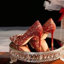 8777E-007 Pointed Toe Rhinestone Stiletto Satin Gold Edge High Heels Wedding Banquet Bride Bridesmaid Shoes Red Festive - 6.5 Vàng - Xem 4