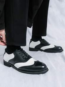 黑色时尚皮鞋，韩版商务正装鞋，男士休闲皮鞋，系带舒适正装鞋，尖头德比鞋，软皮奢华派对鞋 - 黑與白 - 查看 11