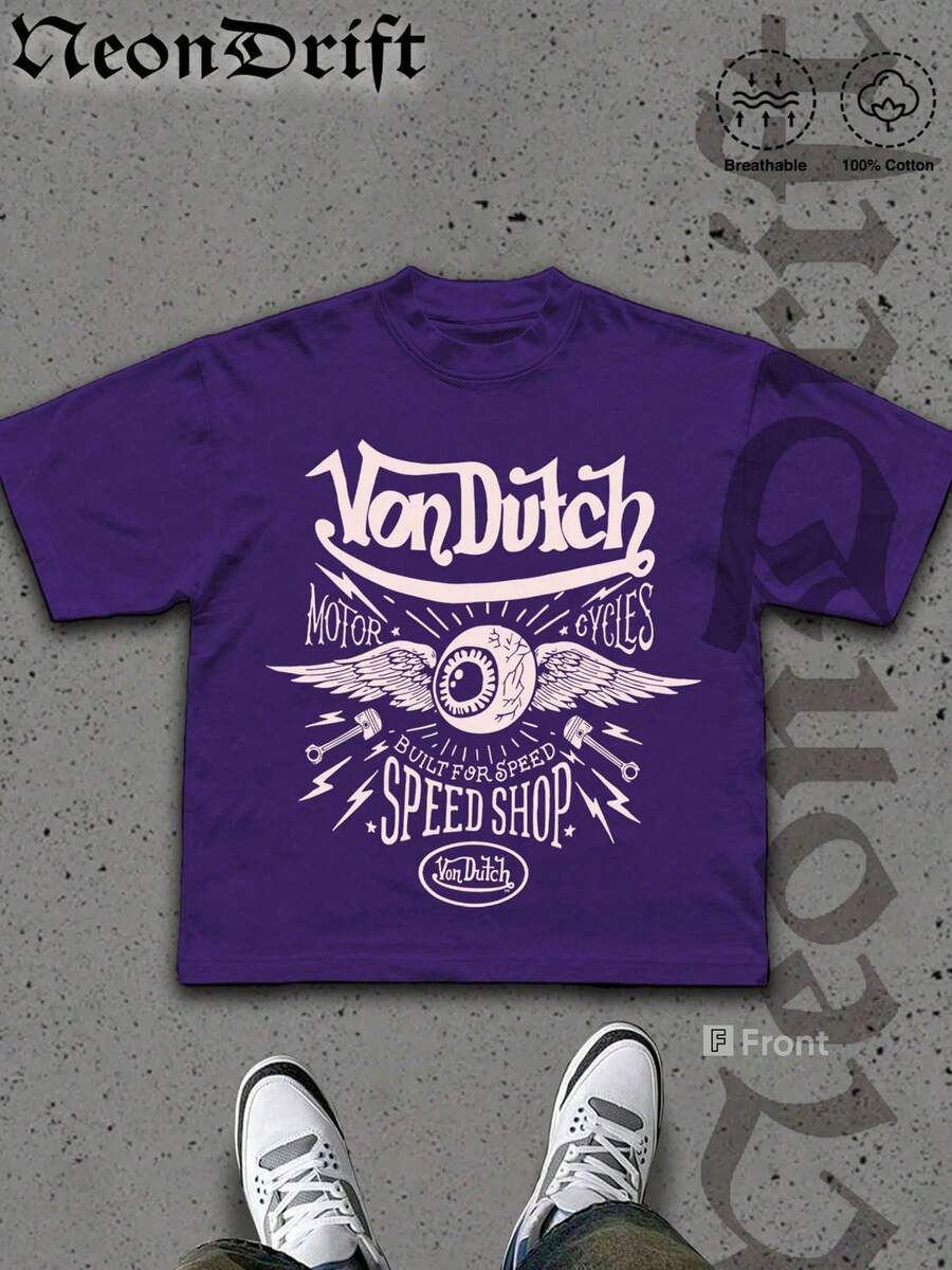 NeonDrift Street Cotton T-Shirt 100% Cotton Fabric Unisex Style-Van Dutch Motor Cycles Speed Shop Graphic T Shirt Vintage Style Print Classic Americana Design For Car Enthusiasts And Biker Culture Fans Casual Wear Streetwear Fashion Men's Apparel - Màu tím - Xem 1