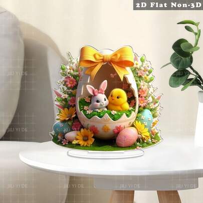 2D Flat 1pc Easter Bunny And Chick 2D Acrylic Decor - Colorful Eggshell Design With Floral Decor, Ideal For Easter Party, Tabletop, Home And Bedroom Decor - Perfect Gift For Family And Friends, No Power Needed, Holiday Tabletop Decor | Holiday Decoration | Vibrant Colors, Bunny Accessories