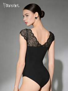 DonsGirl 1pc Women's V-Neck Lace Sleeve Dance Leotard, Sexy Lace Patchwork Slim Fit Unitard Black Spring - Black - View 3