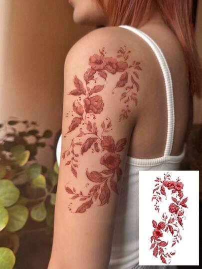 1pc Fashionable Washable Wine Red Floral Vine Temporary Tattoo, Sexy Henna Style Waterproof Sweat-Proof Tattoo Sticker, Suitable For People