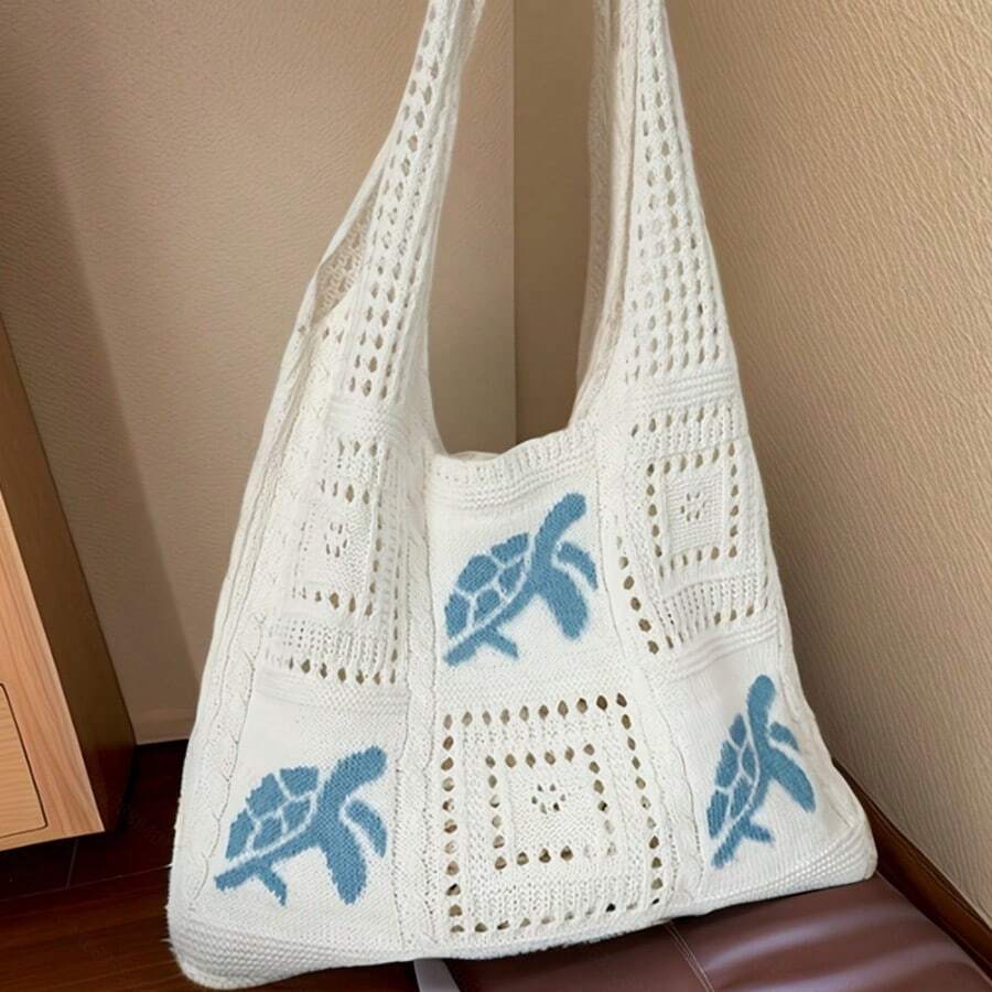 Beach Bags For Vacation,Tote Bags For Women,Ladies' Beach Tote Bag, Crochet Turtle Pattern Design, Shoulder Bags For Women,Bolso De Playa,Large Capacity Open Tote Bag, Crochet Bag,Suitable For Leisure Travel And Seaside Vacation, Beach Tote Bag, Duffle Bag Women,Beige Polyester Fiber Material, Travel Accessories, Bohemian Fashion, Weaving Texture, Essential For Vacation, Beach Bag, Crochet Art, Holiday Choice - 白色(深藍色圖案) - 查看 1