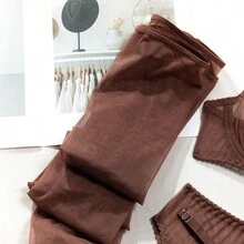 Brown Sheer Lace Bra And Panty Set With Garter Belt And Stockings, Comfortable Elastic Valentine's Day Gift For Romantic Night - Brown - View 5