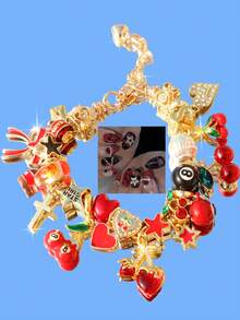 1条红色樱桃串珠手链，蝴蝶结爱心星星女孩手链，可爱樱桃十字架手链，幸运蓝色樱桃星星手链，复古爱心手链 - 寶藍色 - 查看 4