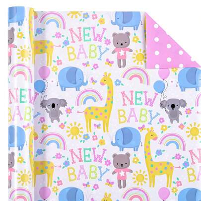 5/10 vellen omkeerbaar inpakpapier voor een babyshower, 28,5*42 cm, met schattige dieren en de tekst 'New Baby', perfect voor een babyshower, verjaardag of gender reveal party.