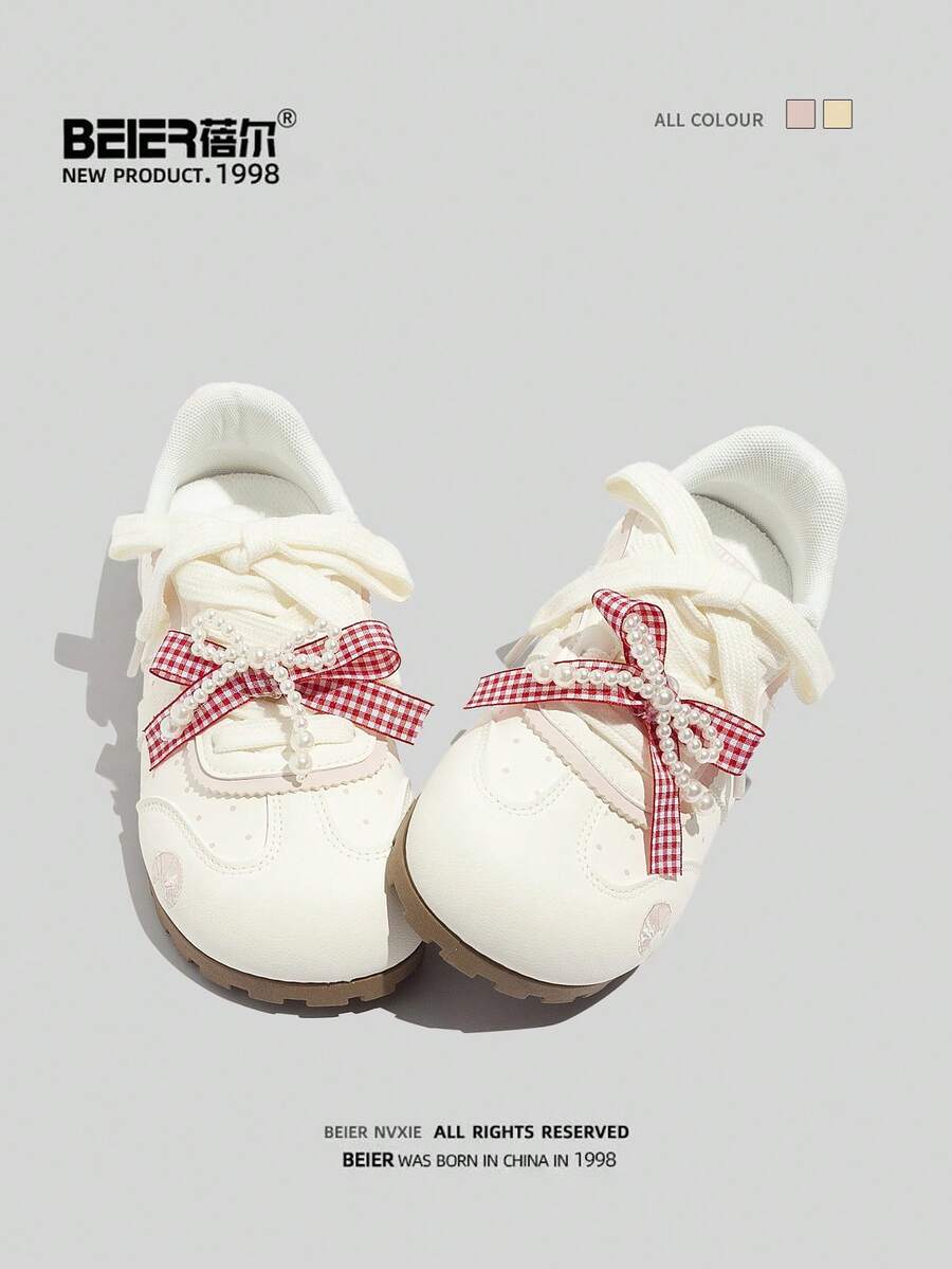 Giày thể thao nữ BEIER tối giản, phong cách mới, chất liệu da, đa năng, mũi tròn, đế bằng, buộc dây. - Hồng - Xem 1