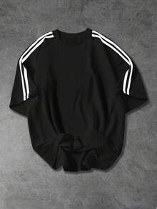 1pc Tween Boys' Fashionable Casual Striped Decor Round Neck T-Shirt - Black - View 6