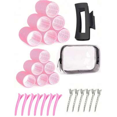 2 Size Hair Rollers For Women, 12 Pcs Rollers Hair Curlers For Long Medium Short Hair, Large Medium Small Self Grip Hair Rollers With Rollers 12pcs Clips And 1 Cosmetic Bag And1pc Claw Clip
