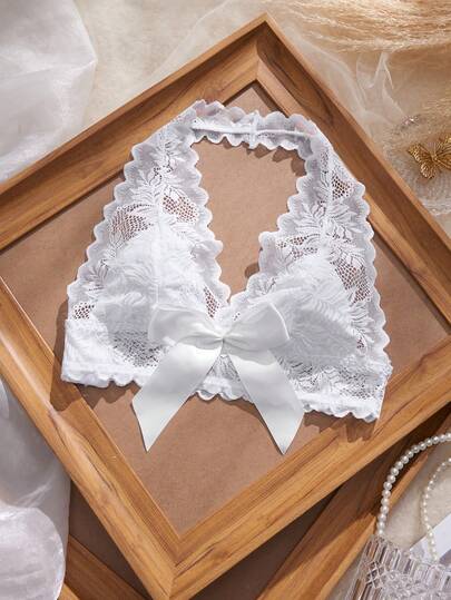 优雅无钢圈文胸，蕾丝蝴蝶结装饰，舒适挂脖式内衣