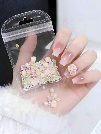 100件玫瑰、山茶花、叶子和珍珠混合3D花朵美甲和珠宝装饰