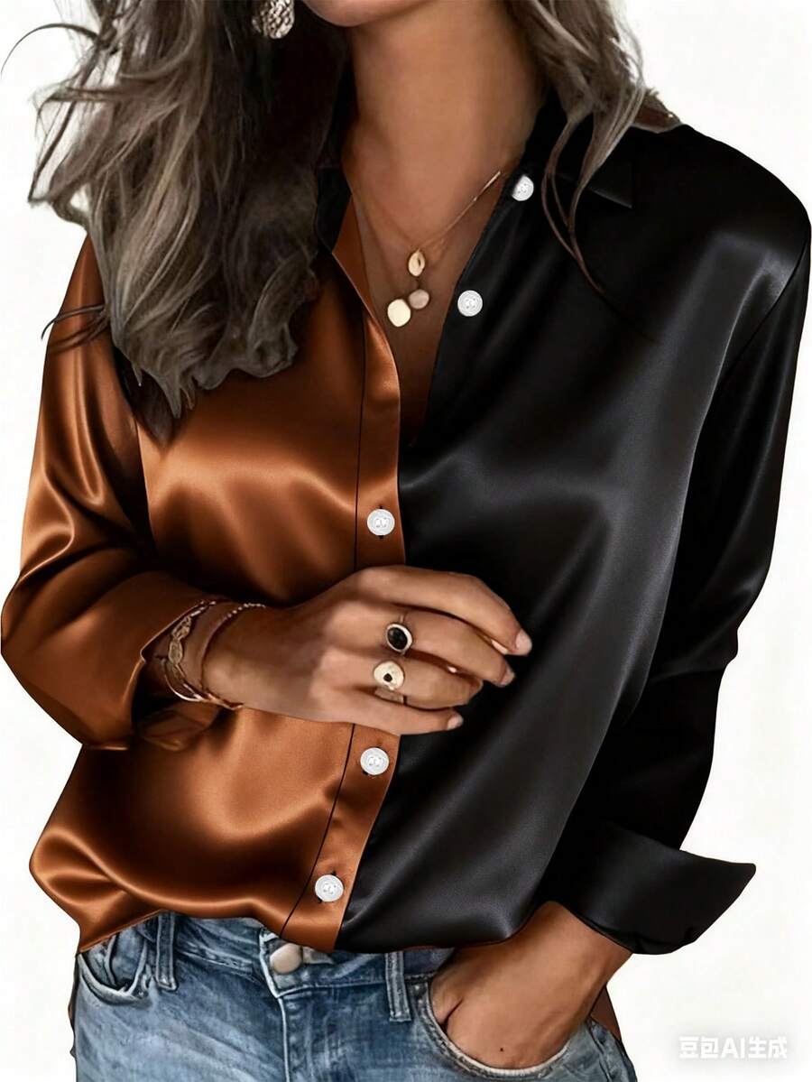 Áo sơ mi satin phối màu dáng rộng mới dành cho nữ cỡ lớn, thích hợp cho mùa xuân. - màu nâu - Xem 1