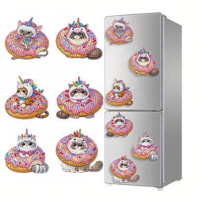 6件套钻石画冰箱贴，甜甜圈、小猫图案，钻石画装饰DIY工艺礼品套装，可用于冰箱、邮箱装饰