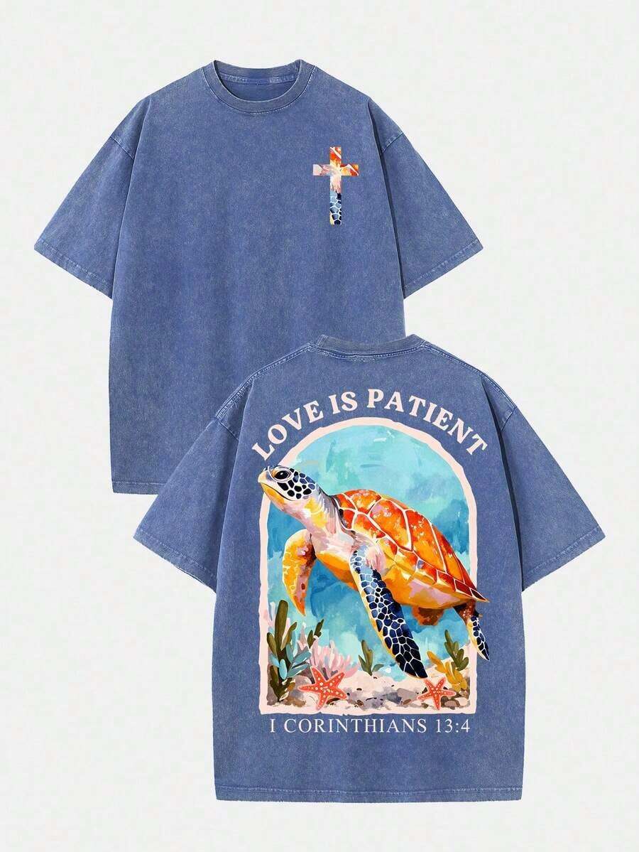 2026 Summer Clothes(230g T-Shirt) Loose Washed Cotton "When You Go Through Deep Waters" Turtle Graphic T-Shirt, Comfortable Christian Faith Tee With - 藍色7 - 查看 1