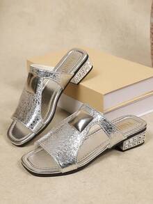 2026 Sandalias de tacón con rhinestones para mujer, zapatos de correa cruzada de cuero con efecto agrietado para uso diario y fiestas - Plateado - Ver 4