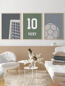 3pcs Personalized Name Canvas Poster Wall Art, Customized Football Theme Prints, Football Goal Number Name Decor, Sports Theme Room Decoration, Home Office Wall Art - Multicolor - View 9