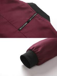 Men's Stand Collar Zip-Up Baseball Jacket, Bomber Jacket Sports - Burgundy - View 5