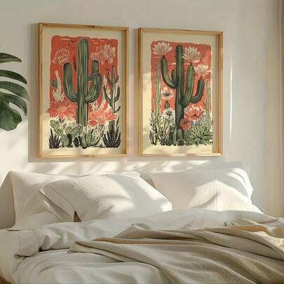 2pcs Set Vintage Boho Cactus Flower Poster,Retro Canvas Wall Art,Canvas Print Minimalist Wall Picture For Dorm,Apartment,Living Room,Bedroom,Modern Home Decoration.Frameless