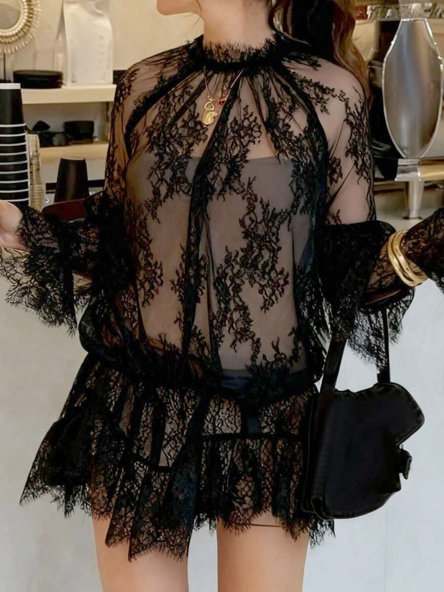 女款優雅蕾絲洋裝,長袖,小立領,荷葉邊設計,優雅度假海灘派對雞尾酒會,春秋款,黑色 - 黑色 - 查看 1
