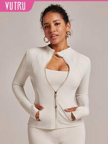 VUTRU Women's Long Sleeve Jacket With Pockets And Thumb Holes, Running Workout Activewear Top Spring - Creamy White - View 4