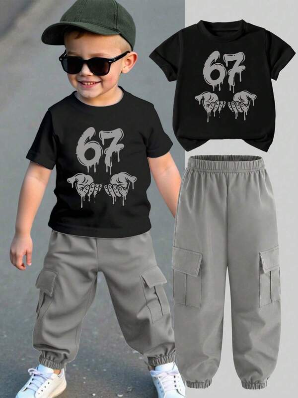 2pcs/Set Boys' Letter Print Short Sleeve T-Shirt And Cargo Pants Casual Outfit