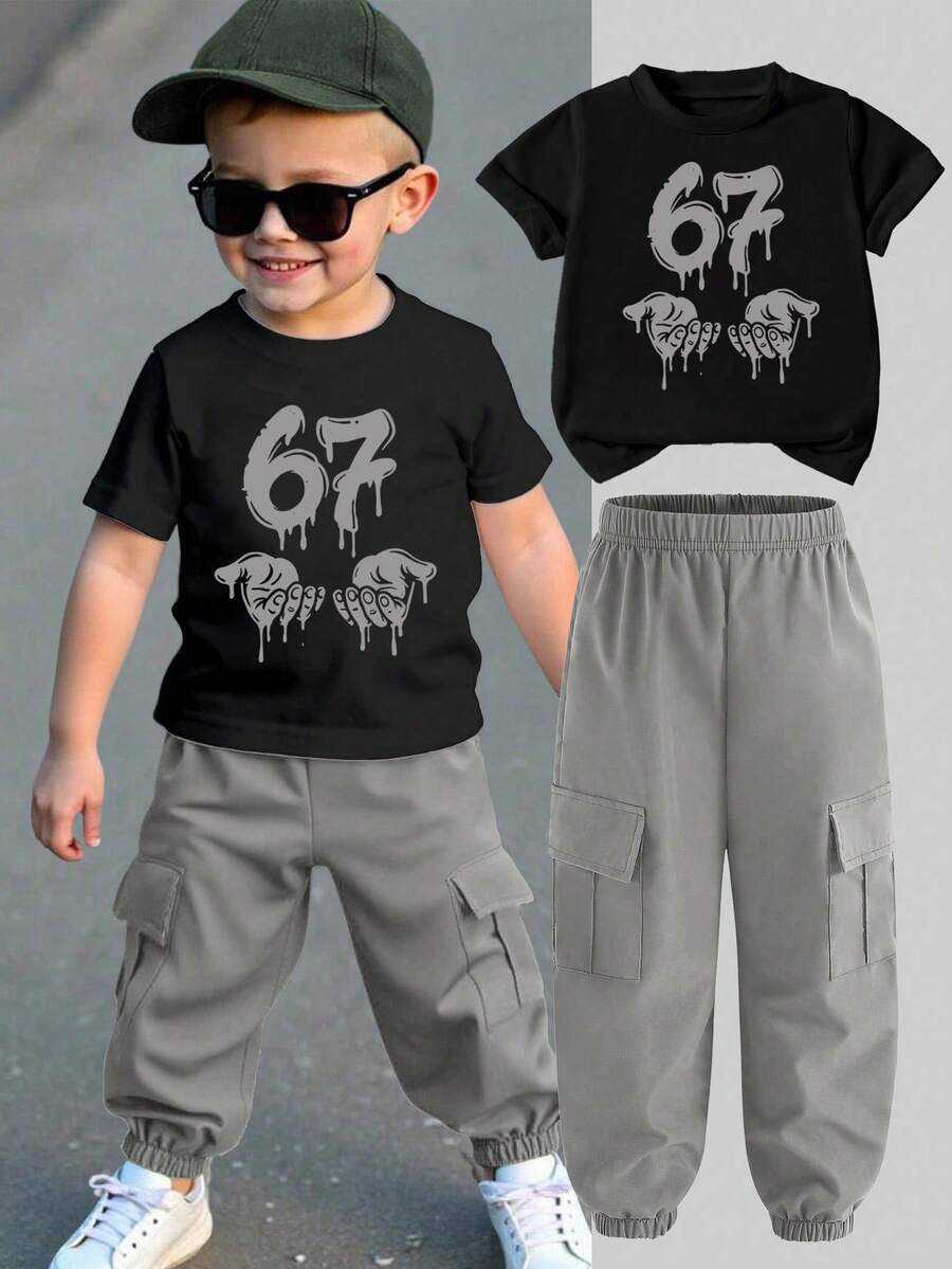 2pcs/Set Boys' Letter Print Short Sleeve T-Shirt And Cargo Pants Casual Outfit - Grey - View 1