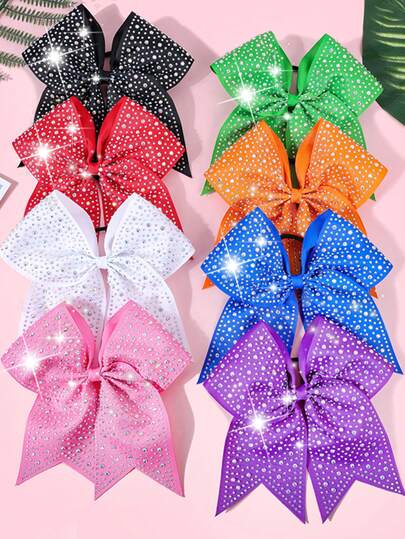 1/10 色套装 7 英寸啦啦队蝴蝶结发圈，高品质水钻蝴蝶结发绳，适合学校运动、节日、派对和日常佩戴