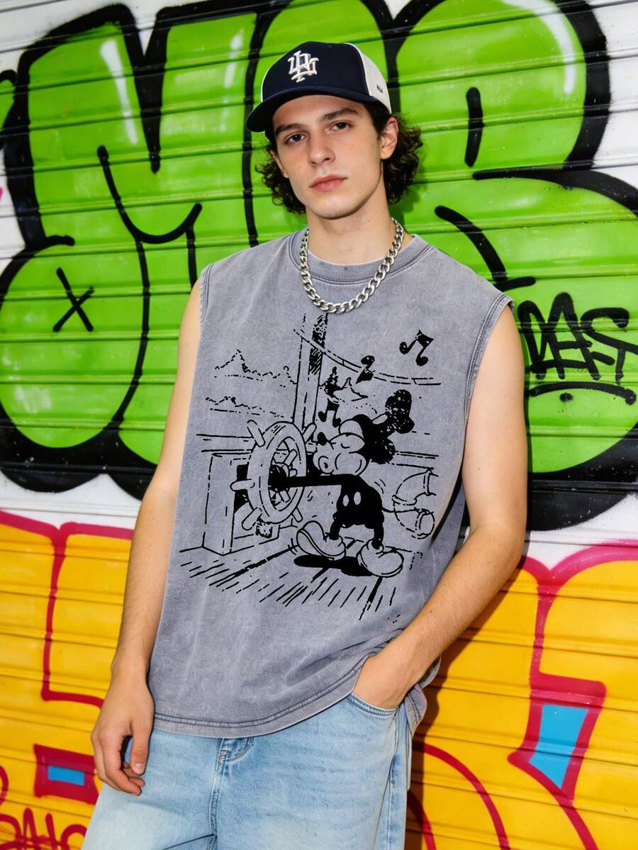Disney Steamboat Willie Retro Line Art 230GSM Vintage Washed Streetwear Tank Top, Casual Streetwear - Xám - Xem 1
