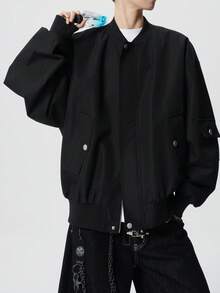 1pc Men's Black Loose Bomber Jacket, Multi-Pocket Technologic Style, Anti-Pilling And Anti-Snagging, Minimalist High-End Outerwear, Suitable For Daily Commute And Casual Business Wear - Black - View 2