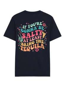 Women's Summer New Fashionable Funny English Print Casual Round Neck Short Sleeve T-Shirt, Versatile Cocktail & Floral Pattern Design, Casual Vacation Outfit - Dark Blue - View 5