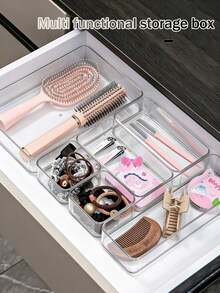 7pcs/6pcs/1pc Drawer Divider Storage Box, Makeup Organizer Box With Built-In Grid, Jewelry And Cosmetics Storage Box, Hair Accessories Storage Box, Made Of Transparent PET Plastic, Multi-Functional Compartment Box For Storing Combs, Mirrors, Tweezers And Other Tools, Available In Multiple Sizes, Suitable For Home Drawers, Bedroom, Dorm, Bathroom, Office Desk - Transparent - View 3