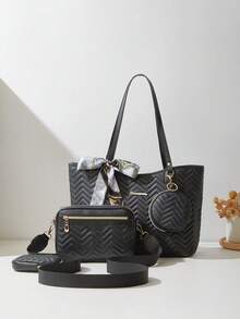 4pcs Women's Commuter Bag Set, Tote Bag, Shoulder Bag, Square Bag, Quilted Bag, Clutch, Coin Purse, Scarf Bag - Black - View 1