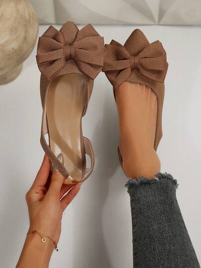 Coffee Color Flat Loafers, Pointed Toe Slip-On Shoes With Bowknot Decor, Women's Casual Hollow Out Shoes For Spring Autumn, Elegant Moccasins, Simple Commuting Office Flat Shoes