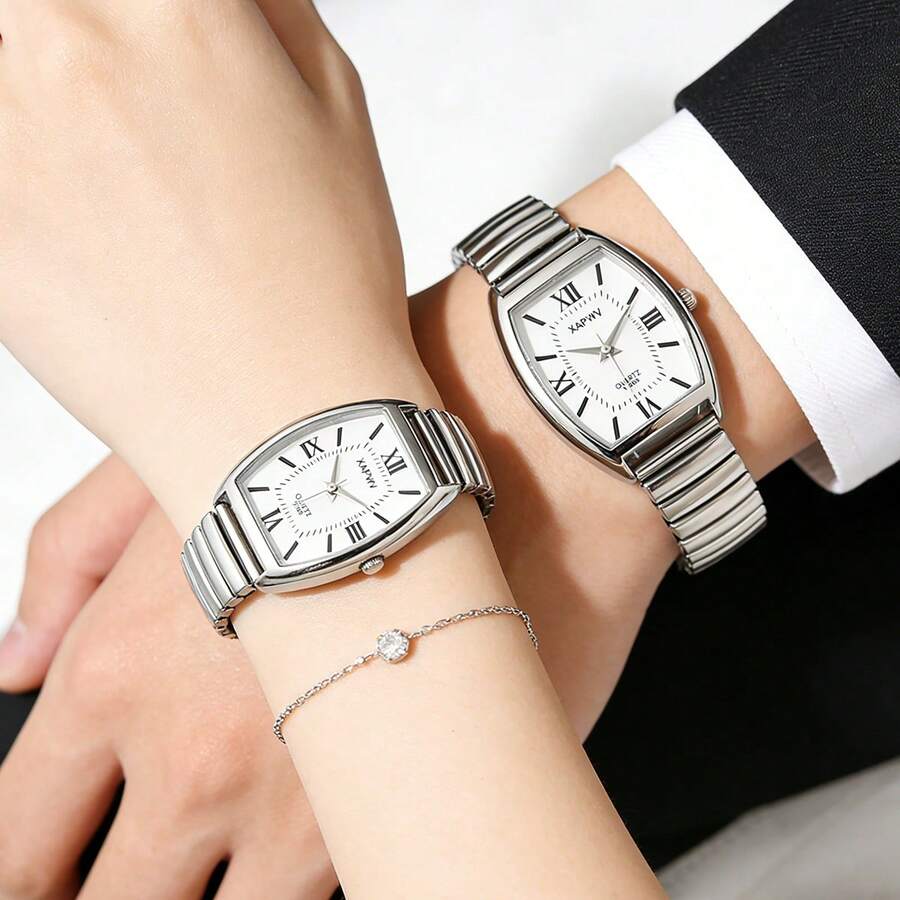 XAPWV Đồng hồ đôi dây đeo co giãn, mặt số La Mã hình thùng, đồng hồ đeo tay thời trang tối giản dành cho nam và nữ. - Nhiều màu - Xem 1