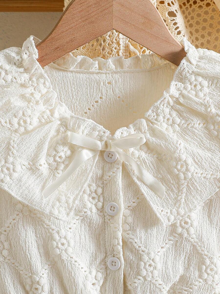 Young Girls' Elegant Summer Dress, Solid Color Jacquard Fabric, Bow Decor Puff Sleeves, Turndown Collar Button Half Placket, Lined, Casual Fashionable Sweet Girls' Dress, Suitable For Daily And Party Occasions - White - View 1