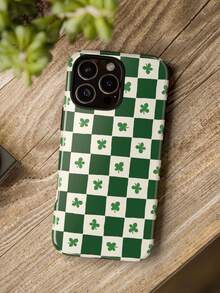 Check PatternLucky Charm Phone Case Green Clover Checkerboard Design Protective Cover Compatible With IPhone 17 16e 15 Plus 14 13 12 11 Pro Max - Green - View 2